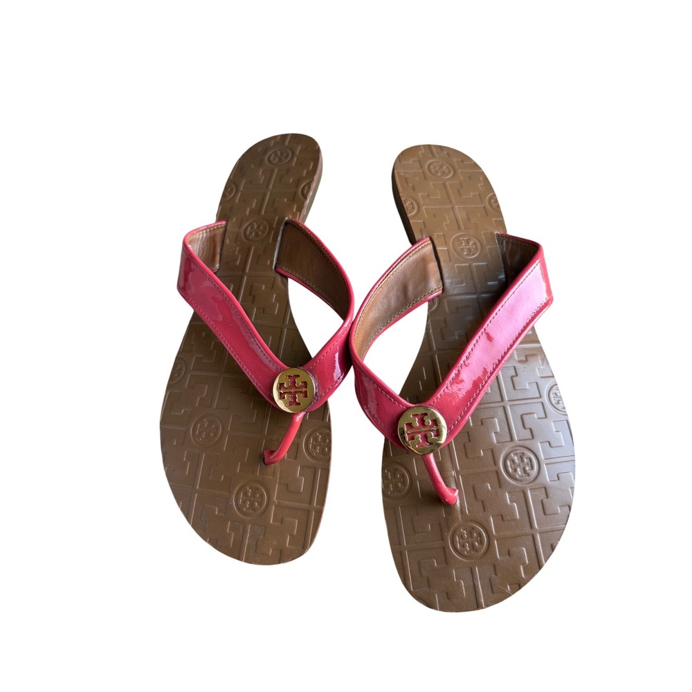 Tory Burch Miller Pink Patent Leather Logo Medallion Thong Sandal Womens Size 10